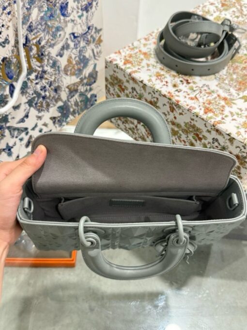 Dior D-Joy Like Auth Handbag Gray Diamond Pattern 26cm - Image 6