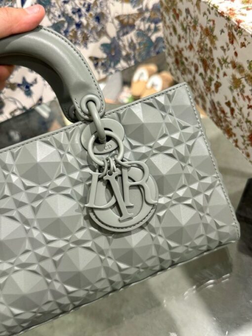 Dior D-Joy Like Auth Handbag Gray Diamond Pattern 26cm - Image 4