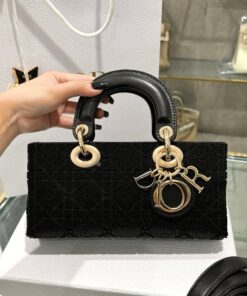 Dior Lady D-Joy Women’s Black Beaded Handbag Like Auth 22cm