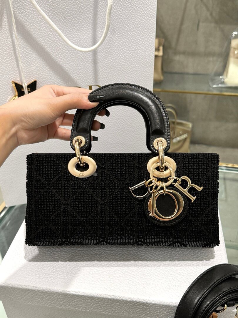Dior Lady D-Joy Women’s Black Beaded Handbag Like Auth 22cm