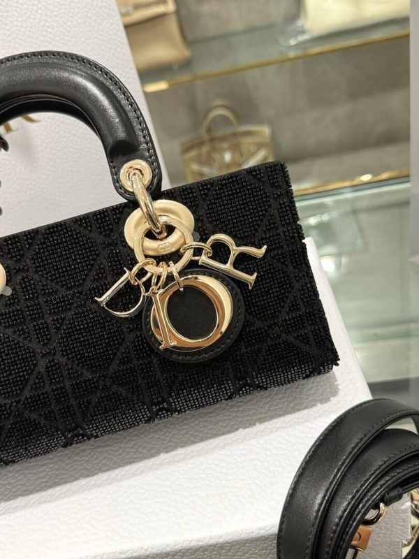 Dior Lady D-Joy Women’s Black Beaded Handbag Like Auth 22cm - Image 5