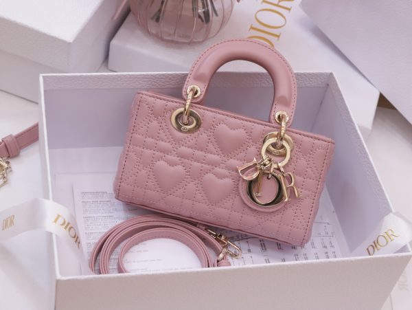 Dior Lady D-Joy Super High-Quality Women’s Handbag Pink Heart Pattern 16.5x10x6cm - Image 2