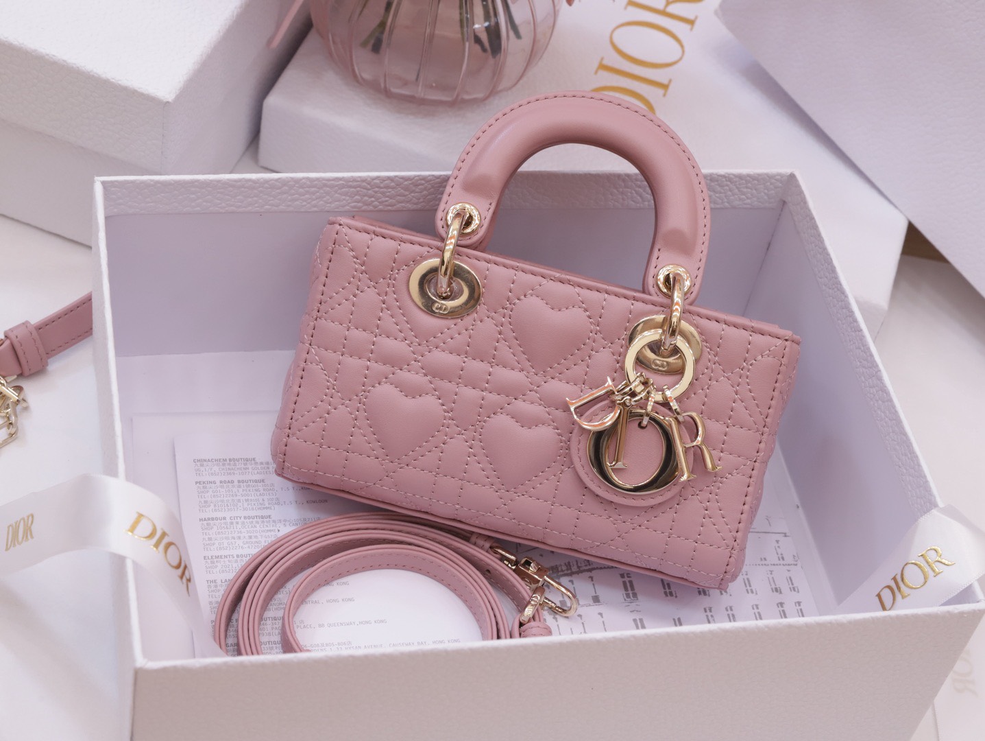 Dior Lady D-Joy Super High-Quality Women’s Handbag Pink Heart Pattern 16.5x10x6cm