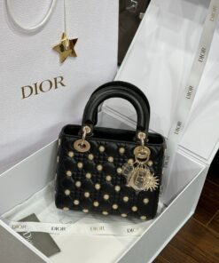Dior Lady Like Auth Women’s Handbag Black Sun Pattern 20cm