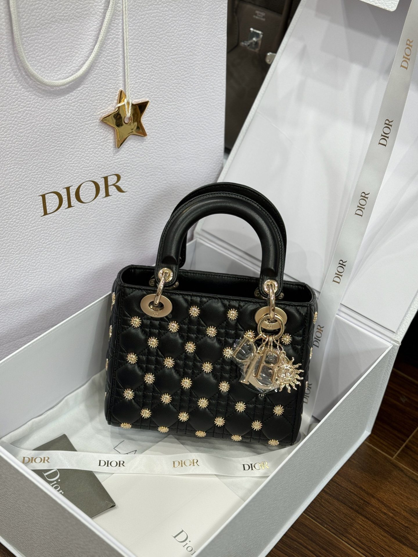 Dior Lady Like Auth Women’s Handbag Black Sun Pattern 20cm