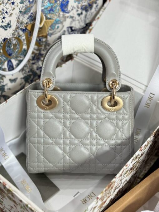 Dior Lady Like Auth Handbag for Women Gray Gold Lock 17cm - Image 4