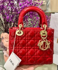 Dior Lady Women’s Handbag Red Glossy Leather Super Quality 20cm
