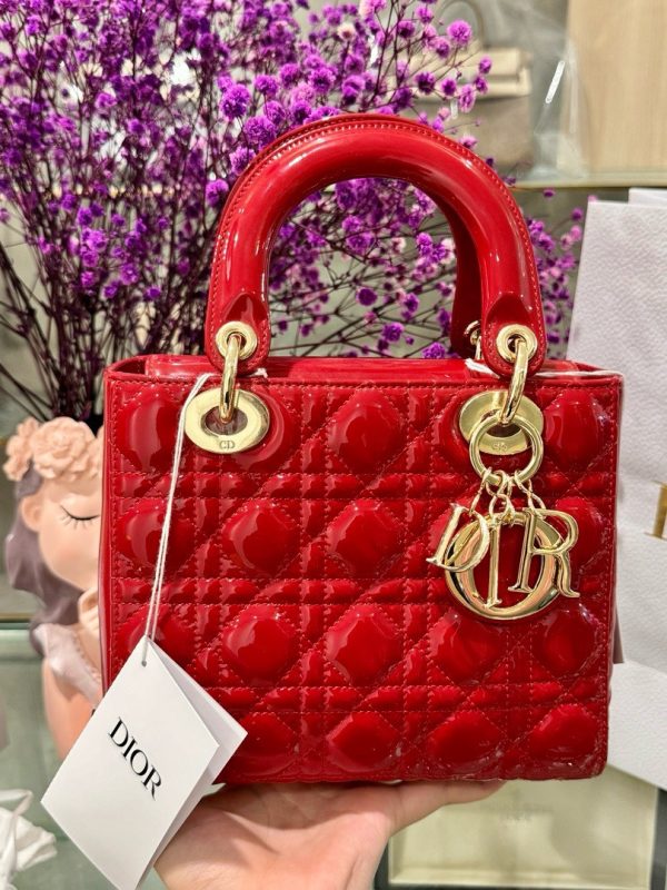 Dior Lady Women’s Handbag Red Glossy Leather Super Quality 20cm - Image 2