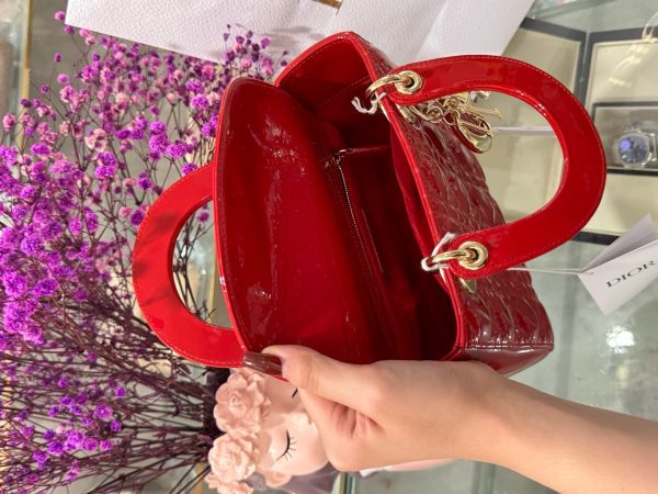 Dior Lady Women’s Handbag Red Glossy Leather Super Quality 20cm - Image 8