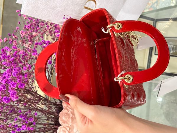 Dior Lady Women’s Handbag Red Glossy Leather Super Quality 20cm - Image 7