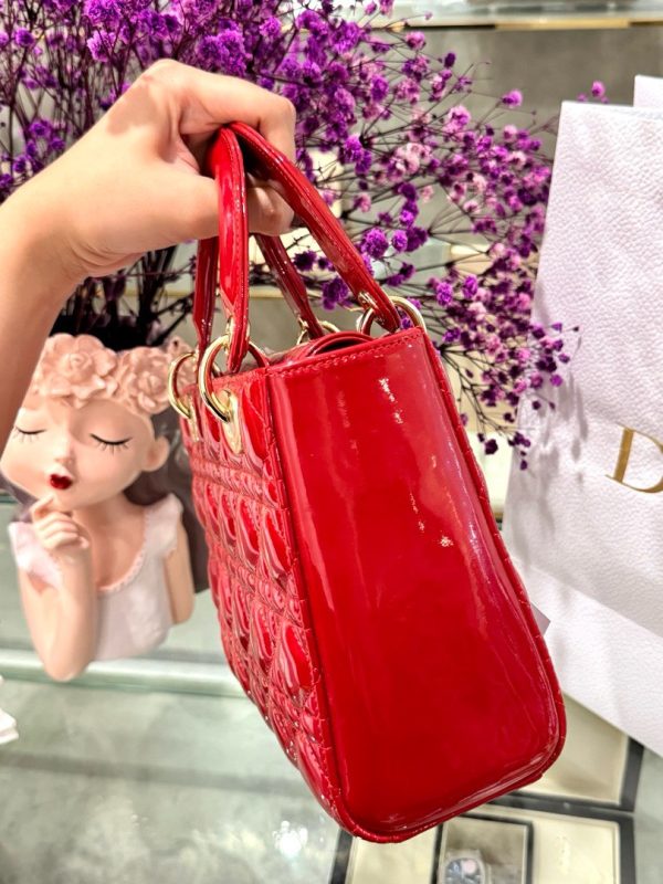 Dior Lady Women’s Handbag Red Glossy Leather Super Quality 20cm - Image 4