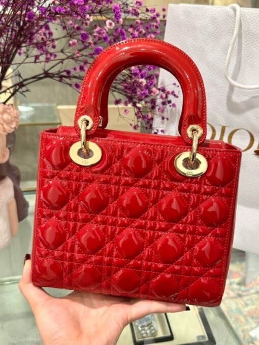 Dior Lady Women’s Handbag Red Glossy Leather Super Quality 20cm - Image 3