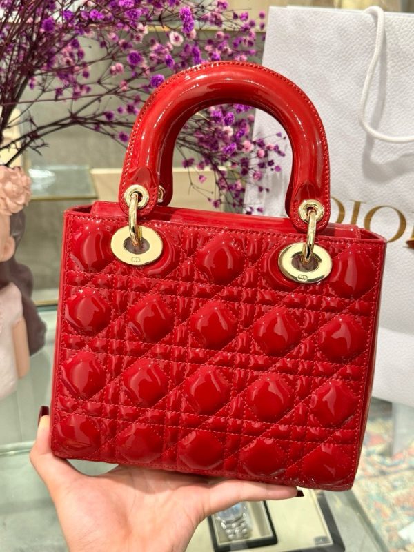 Dior Lady Women’s Handbag Red Glossy Leather Super Quality 20cm - Image 3