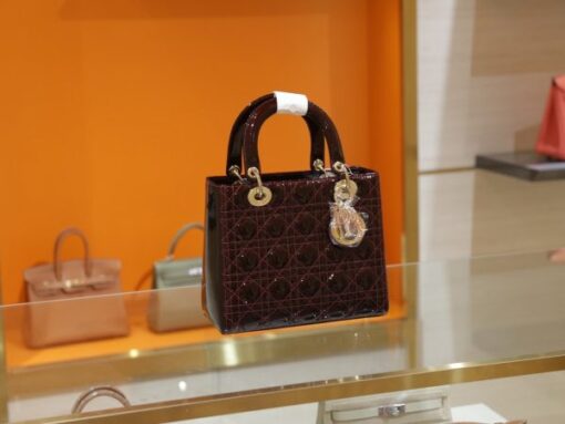 Dior Lady Women’s Handbag Plum Red Gold Plated Lock Super Quality 24cm - Image 2