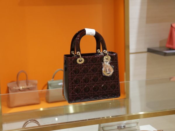 Dior Lady Women’s Handbag Plum Red Gold Plated Lock Super Quality 24cm - Image 2