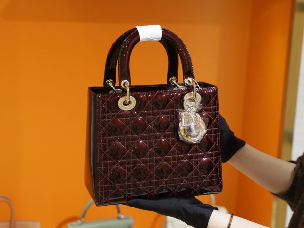 Dior Lady Women’s Handbag Plum Red Gold Plated Lock Super Quality 24cm - Image 4