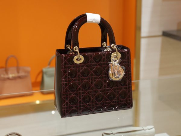 Dior Lady Women’s Handbag Plum Red Gold Plated Lock Super Quality 24cm - Image 3