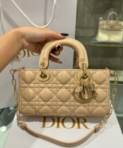 Dior Lady D-Joy Women’s Beige Handbag Gold Plated Lock 22cm