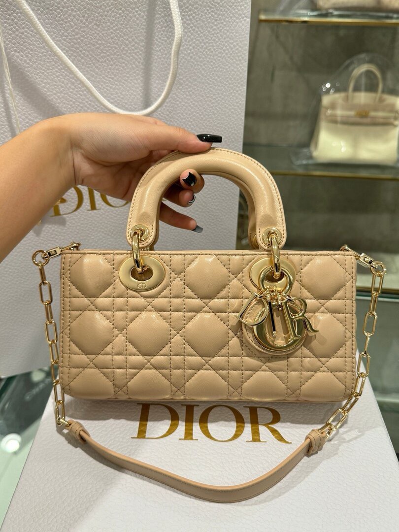 Dior Lady D-Joy Women’s Beige Handbag Gold Plated Lock 22cm