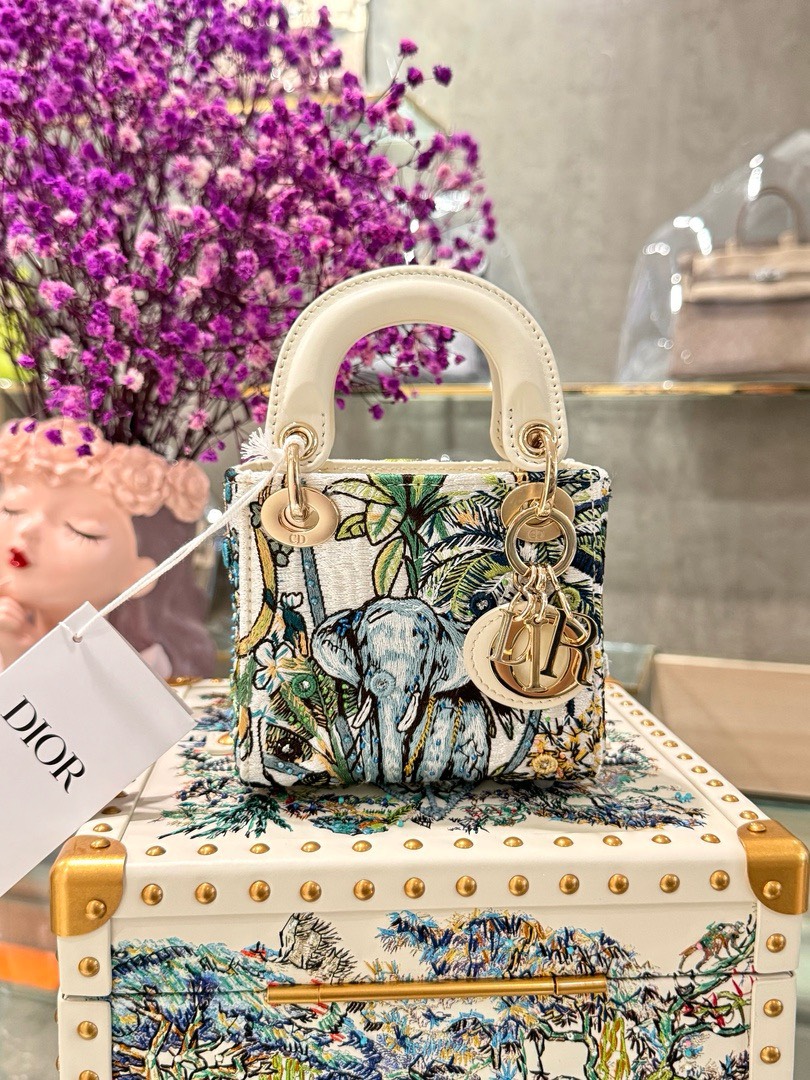 Dior Lady Replica 1:1 Women’s Handbag Elephant Pattern Rose Gold Lock 12×10.5x5cm