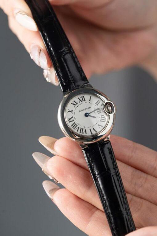 Cartier Ballon Bleu Women’s Replica 11 Watch White Dial Black Leather Strap 28mm - Image 2