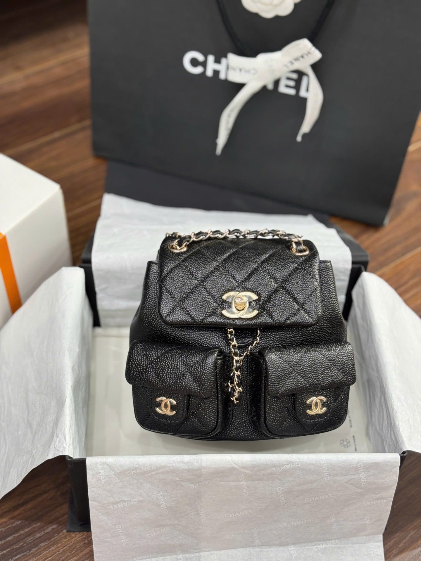 Chanel Mini 23SS Super Premium Black Grained Leather Women’s Backpack 16.5×17.5x10cm