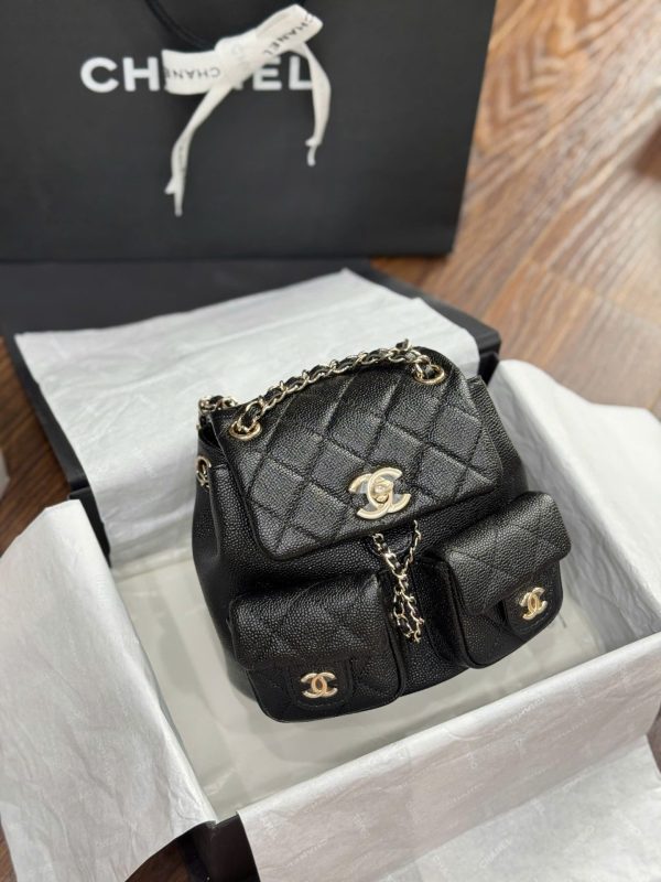 Chanel Mini 23SS Super Premium Black Grained Leather Women’s Backpack 16.5×17.5x10cm - Image 3