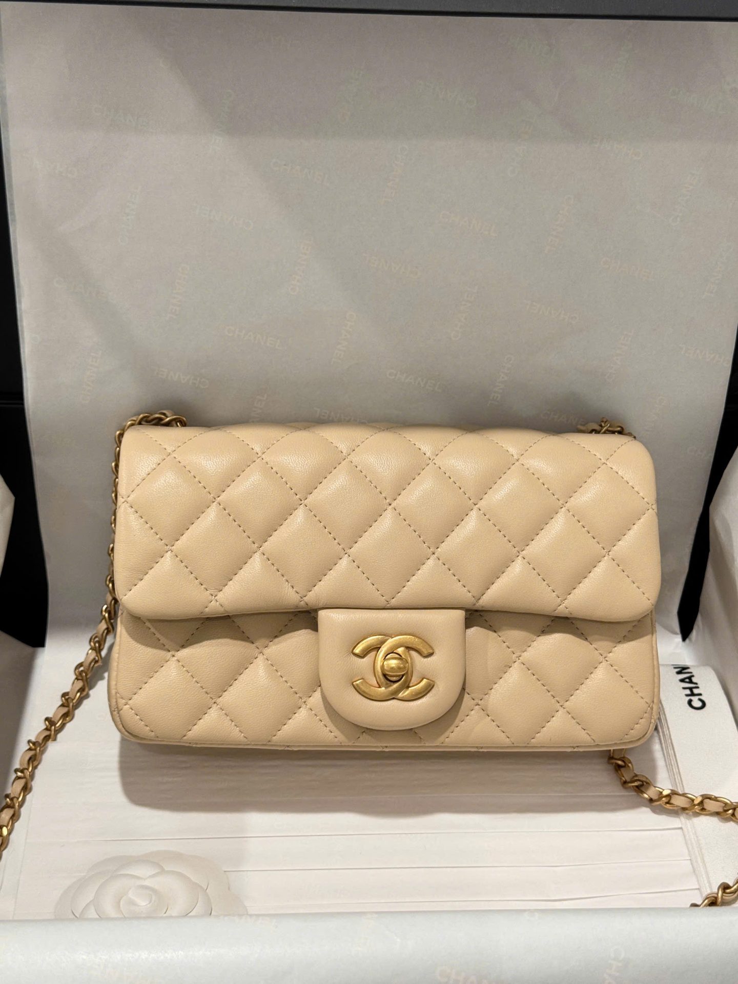 Chanel Classic Bell Handbag Like Auth Beige Gold Lock 20cm