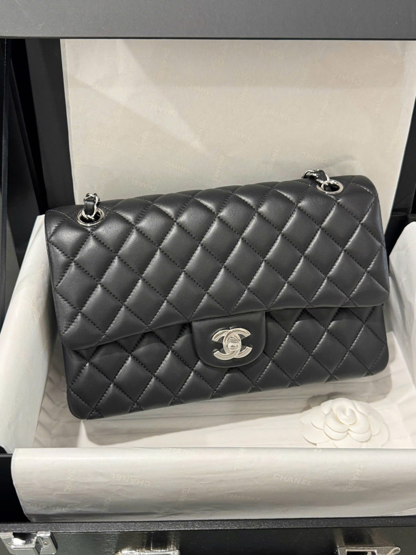 Chanel Classic Like Auth Black Sheepskin Handbag 25cm