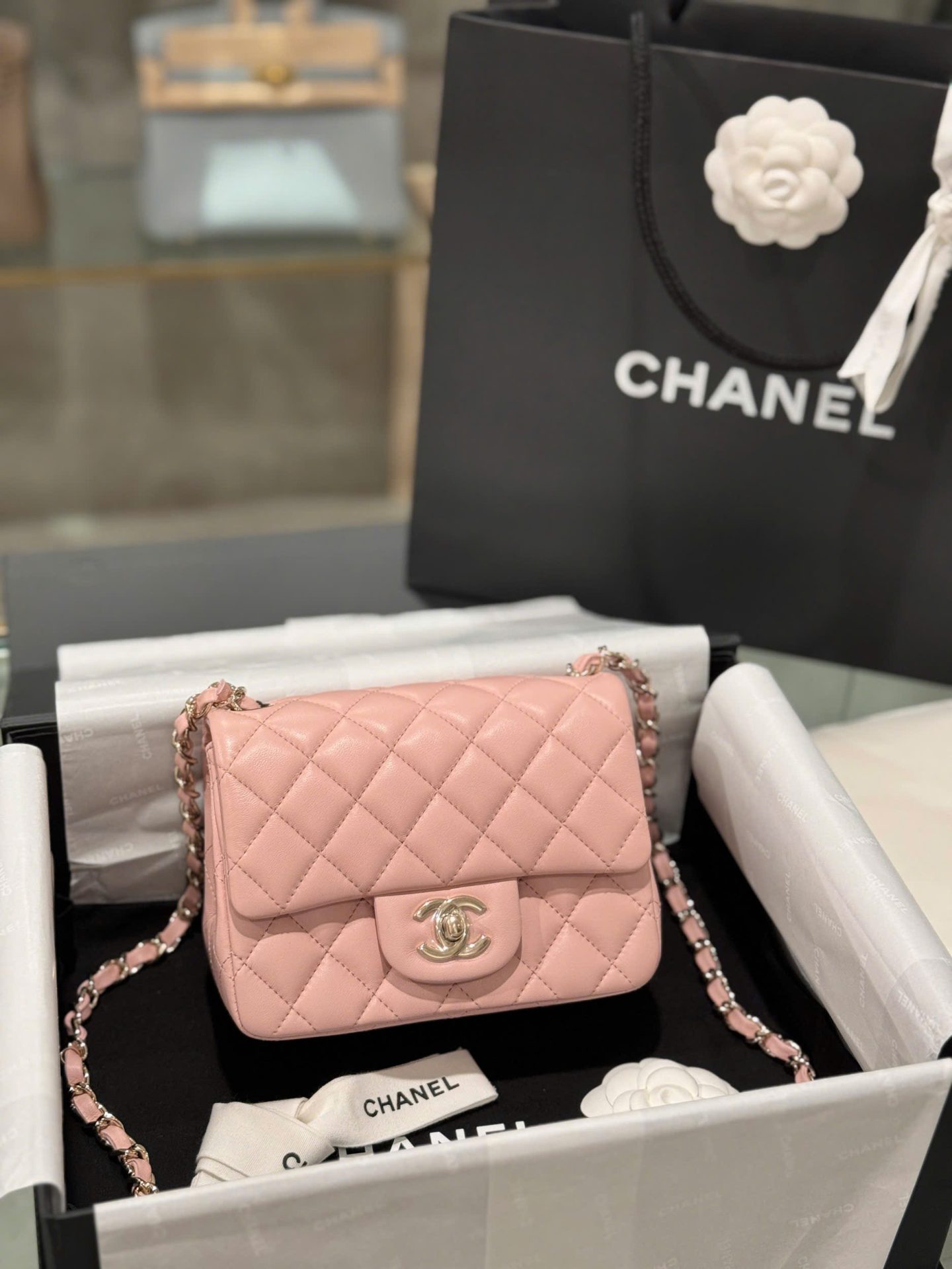 Chanel Classic Mini Handbag Pink with Super Quality Rose Gold Lock 17cm