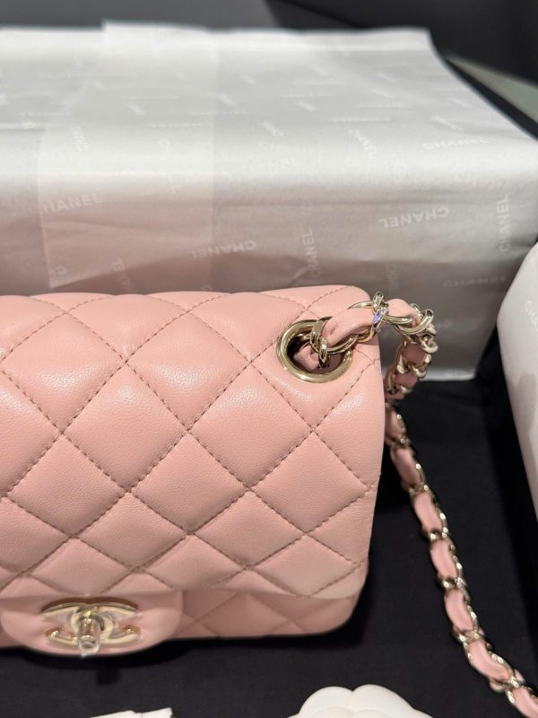 Chanel Classic Mini Handbag Pink with Super Quality Rose Gold Lock 17cm - Image 9