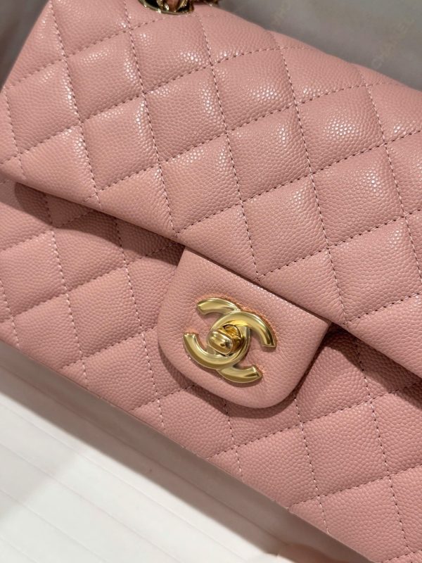 Chanel Classic Rep 11 High Quality Handbag Pink Grained Leather Gold Lock 23cm - Image 4
