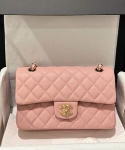 Chanel Classic Rep 11 High Quality Handbag Pink Grained Leather Gold Lock 23cm
