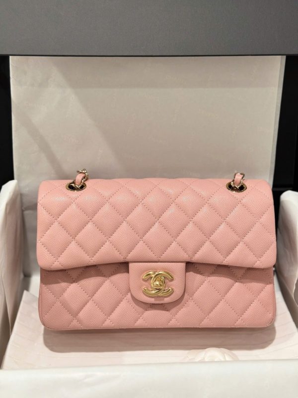 Chanel Classic Rep 11 High Quality Handbag Pink Grained Leather Gold Lock 23cm - Image 2