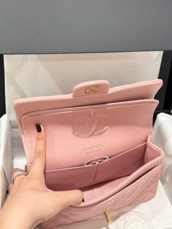 Chanel Classic Rep 11 High Quality Handbag Pink Grained Leather Gold Lock 23cm - Image 11