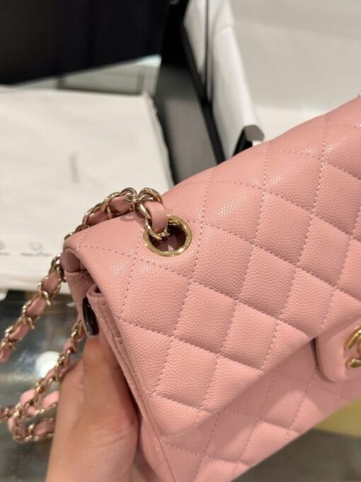 Chanel Classic Rep 11 High Quality Handbag Pink Grained Leather Gold Lock 23cm - Image 6