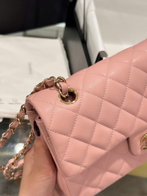 Chanel Classic Rep 11 High Quality Handbag Pink Grained Leather Gold Lock 23cm - Image 6