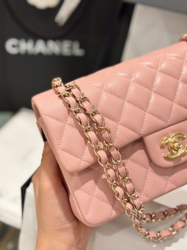 Chanel Classic Rep 11 High Quality Handbag Pink Grained Leather Gold Lock 23cm - Image 5