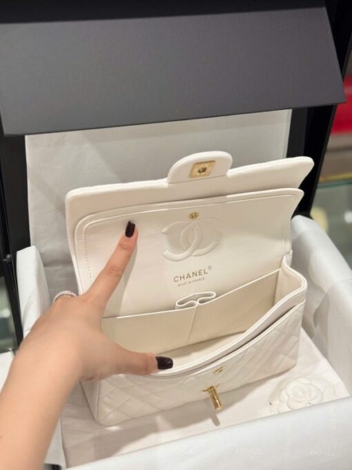 Chanel Classic Replica 11 High Quality White Handbag Gold Lock 23cm - Image 7