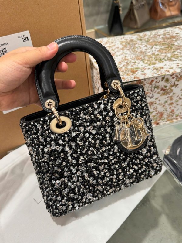 Dior Lady Women’s Black Beaded Handbag Like Auth 20cm - Image 3