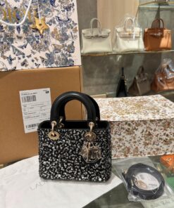 Dior Lady Women’s Black Beaded Handbag Like Auth 20cm
