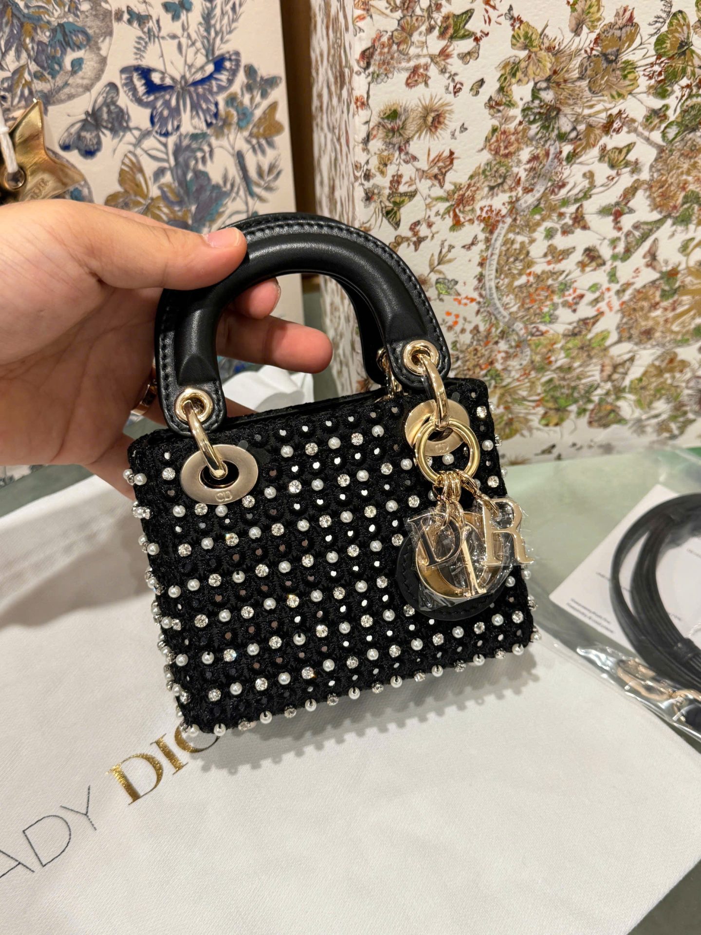 Dior Micro Lady Black Pearl-studded Handbag 12cm