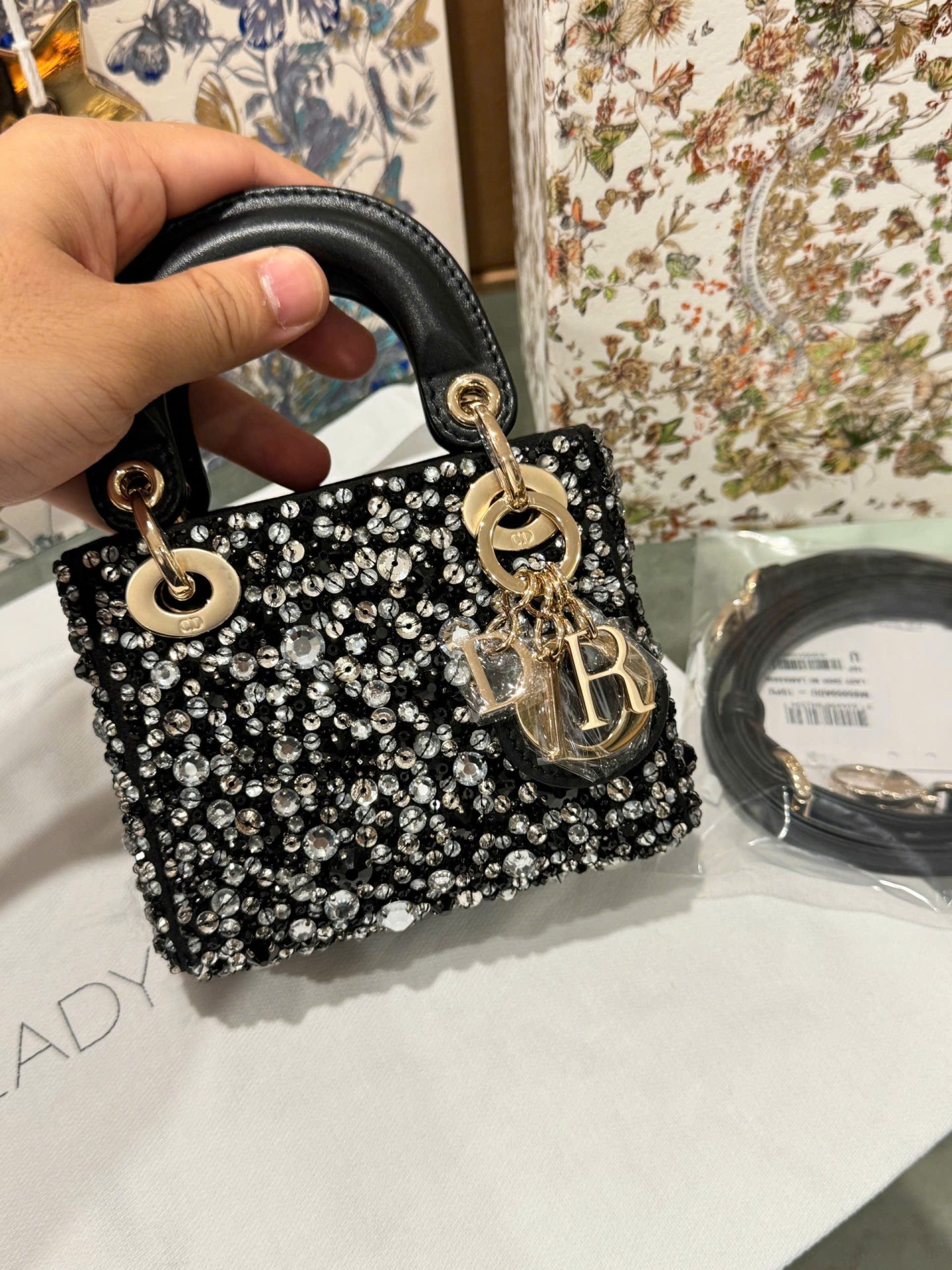 Dior Micro Lady Super High Quality Black Beaded Handbag 12cm