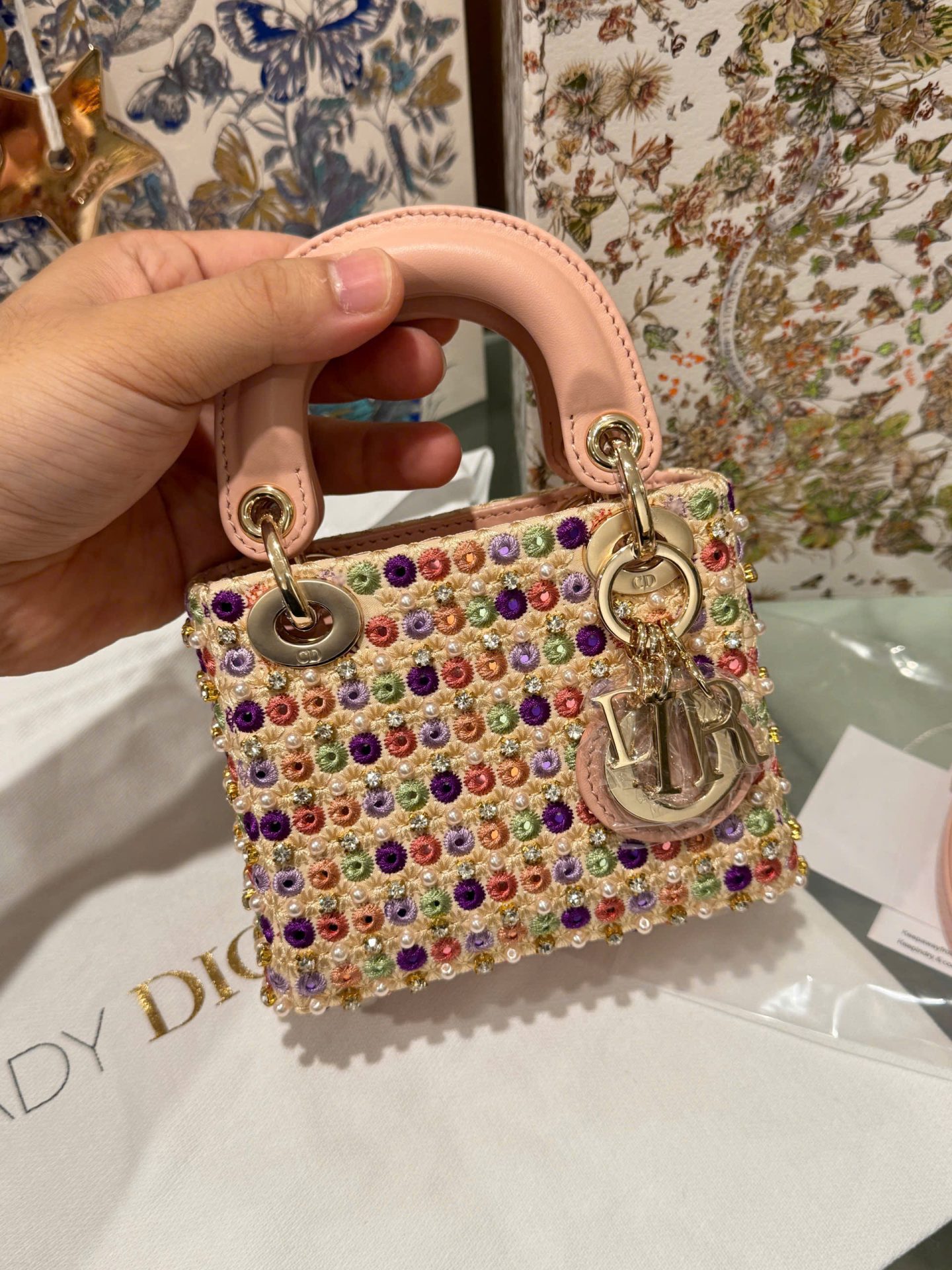 Dior Micro Lady Super Premium Pink Pearl-studded Handbag 12cm