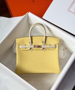 Hermes Birkin Handbag Near Authentic Yellow Color Rose Gold Lock 25cm