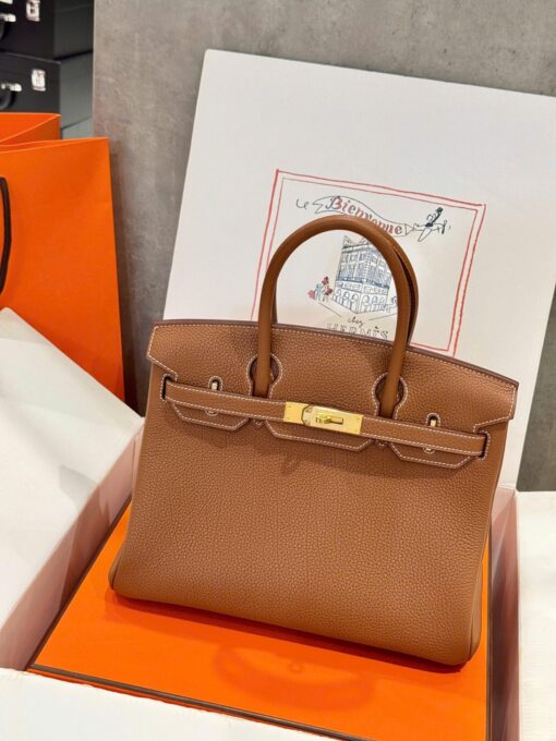 Hermes Birkin Like Auth Women’s Handbag Brown Gold Lock 30cm