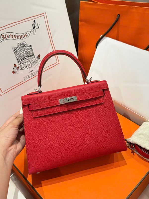 Hermes Kelly Like Auth Women’s Handbag Red White Lock 25cm - Image 3