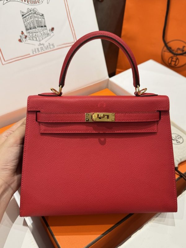 Hermes Kelly Like Auth Women’s Handbag Red Gold Lock 25cm - Image 3