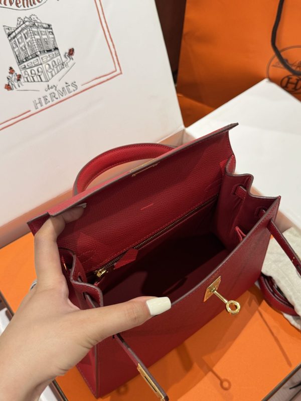 Hermes Kelly Like Auth Women’s Handbag Red Gold Lock 25cm - Image 7