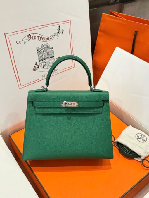 Hermes Kelly Like Auth Women’s Handbag Green White Lock 25cm
